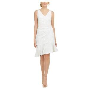 Adrianna Papell White Surplice Embroidered Sleeveless Flounce Dress Size 14